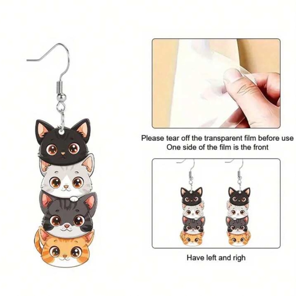 NEW| Charming Cat Theme Dangle Acrylic Earrings - Picture 6 of 6